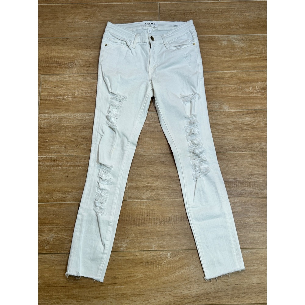 FRAME Denim Le Skinny de Jeanne Blanc White Distressed Raw Hem‎ Jeans Sz 27